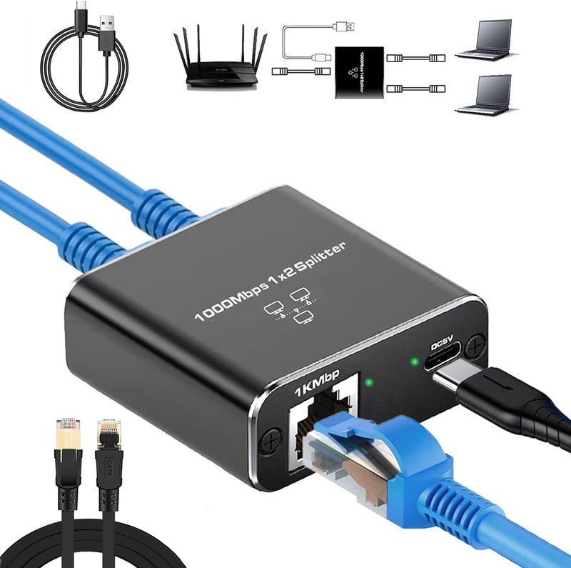 Pushua Ethernet Splitter 1 to 2 with 1.5Ft Cat 8 Ethernet Cables, 1000Mbps Internet Splitters High Speed with USB Power Cable,Gigabit LAN Splitter for Cat5/5e/6/7/8 Cable(2 Devices Simultaneously Networking) - Image 1